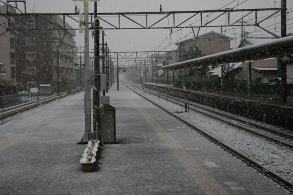 deserted train platform in the japanese snow